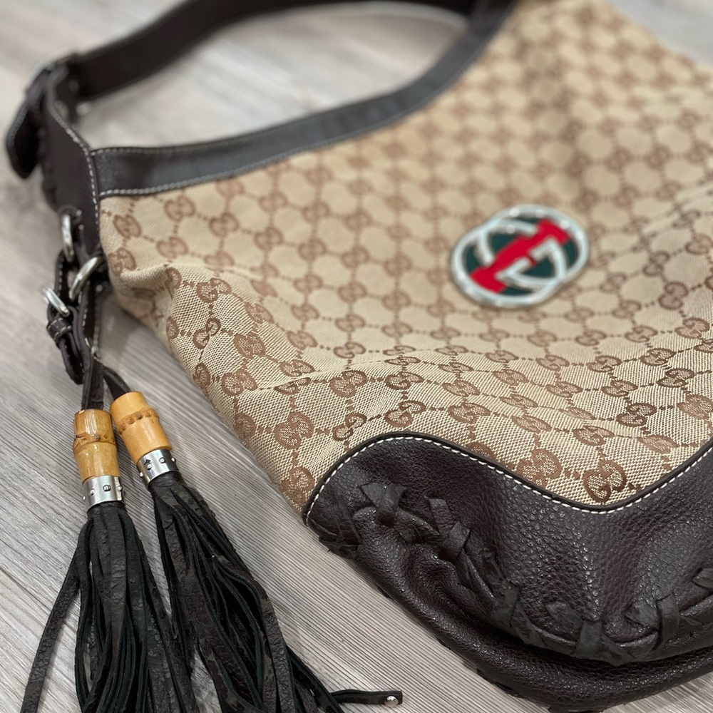 SOLD!! GG Brown and Tan Shoulder Bag with GG Monogram - Picture 2 of 9
